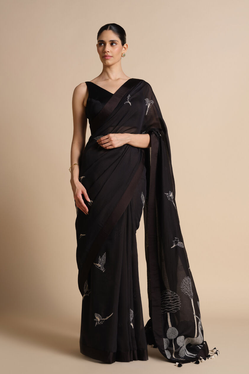 Usoa Hand-embroidered Kantha Mul Saree - Black, Black, image 1